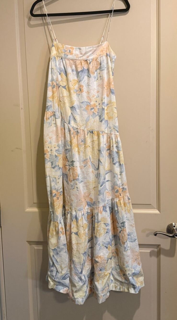 Abercrombie & Fitch Floral Linen Blend Tiered Maxi Dress Size M Blue Yellow